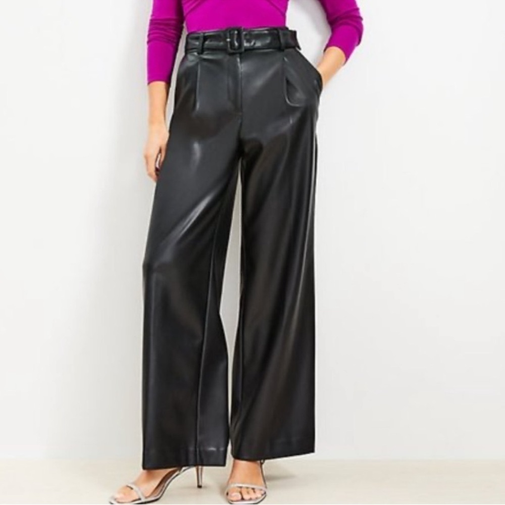 Loft faux leather wide leg high waist belted pants size 0